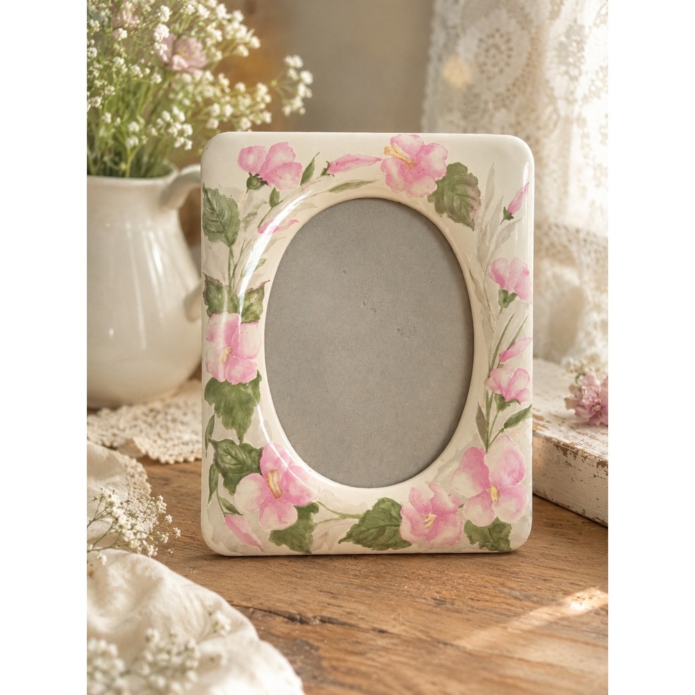 Vintage Pink Floral Oval Picture Frame 7x9 Cottagecore Shabby Chic Decor